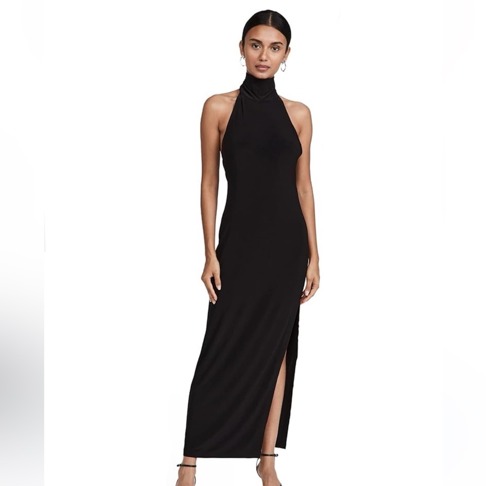 Norma Kamali Halter Turtleneck Side Slit Gown